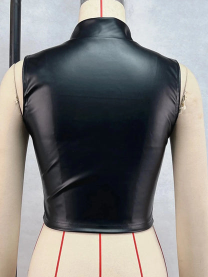 Chic black zippered crop top in PU leather with medium stretch and regular length, perfect for casual and clubwear styles.