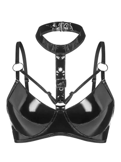 Shiny faux leather halter bustier crop top with sleeveless design and cropped length, ideal for evening outings.