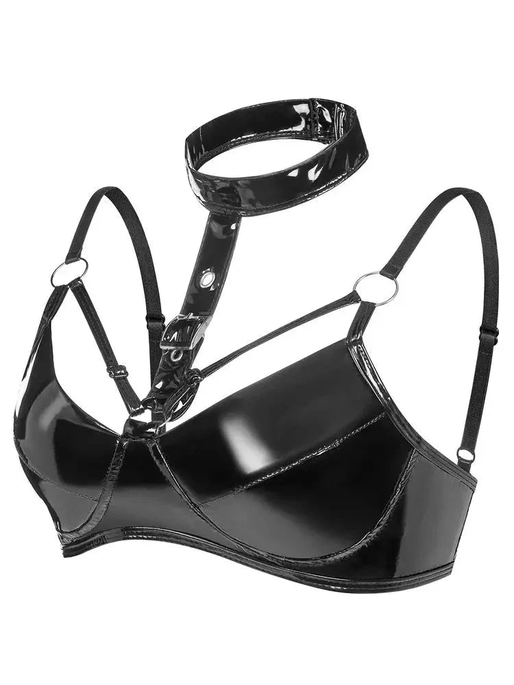 Shiny faux leather halter bustier crop top with sleeveless design and cropped length, ideal for evening outings.