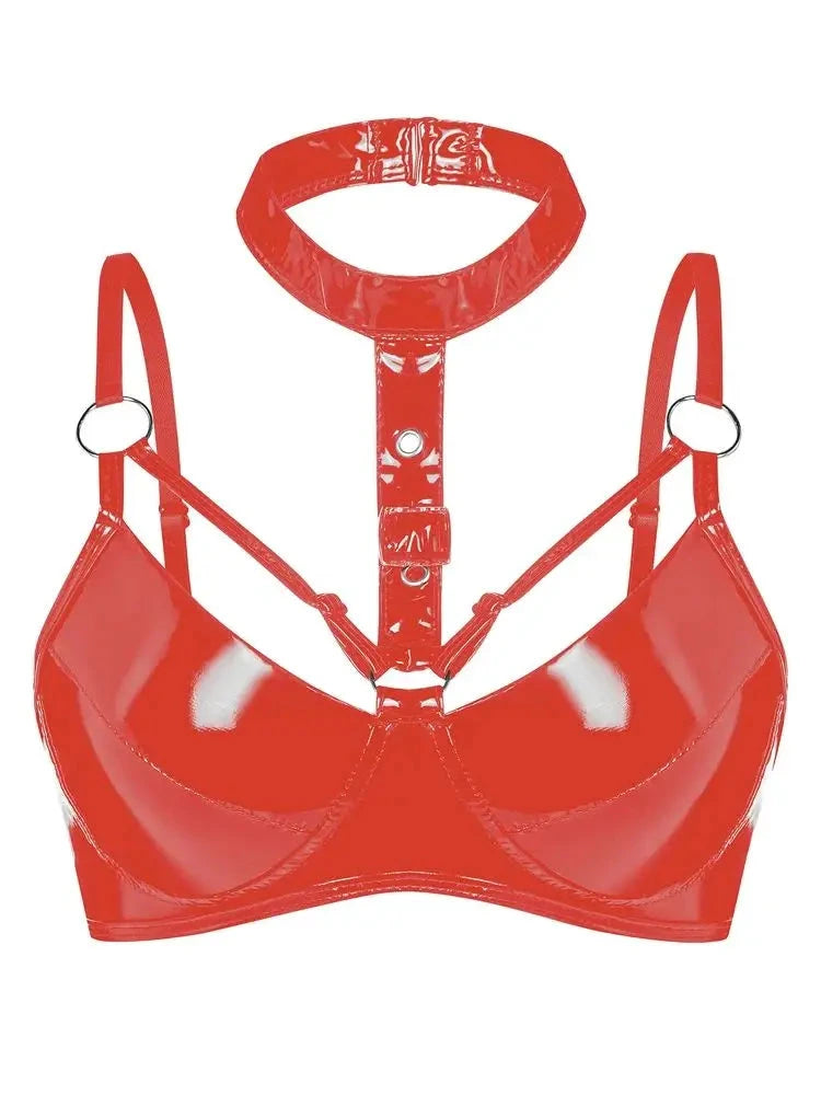 Bright red shiny faux leather halter bustier crop top with sleeveless design and cropped length.