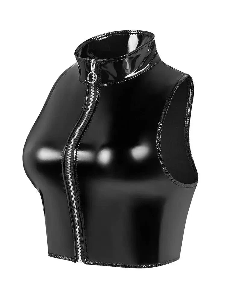 Shiny wet look bustier tank top in glossy black PU leather with a zip closure and sleeveless design.
