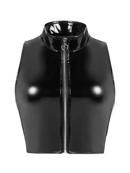Shiny wet look bustier tank top in PU leather with sleeveless design and zip closure. Ideal for clubwear and evening outings.