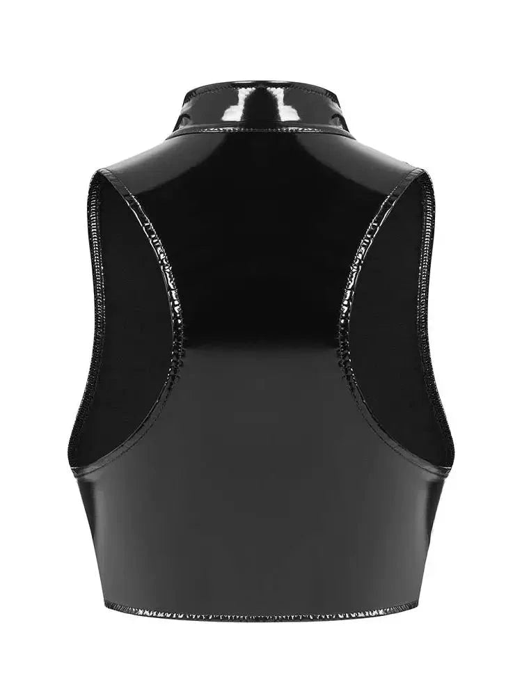Shiny wet look bustier tank top in PU leather with a zip closure and sleeveless design. Ideal for evening wear.