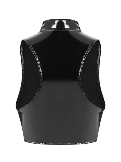 Shiny wet look bustier tank top in PU leather with a zip closure and sleeveless design. Ideal for evening wear.