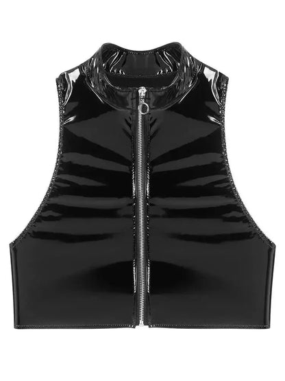 Shiny wet look bustier tank top in PU leather with zip closure and sleeveless design. Ideal for clubwear and evening outings.