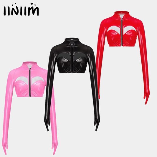 Glossy PU leather crop top with stand collar, front zipper, and hollow-out design, perfect for nightlife and clubwear.