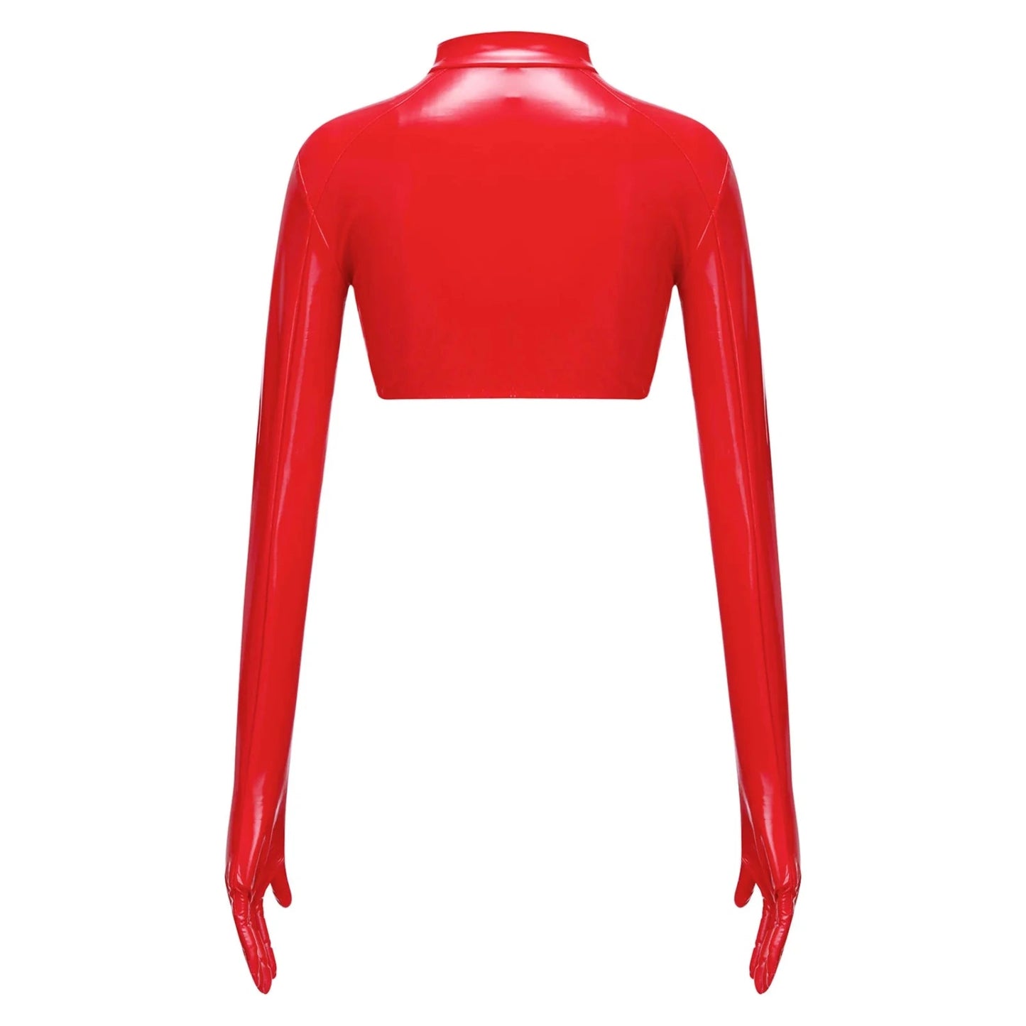 Glossy PU leather crop top with stand collar, front zipper, and hollow-out design, perfect for nightlife and clubwear.