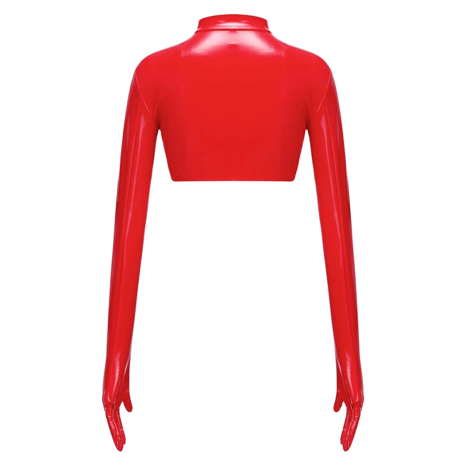 Glossy PU leather crop top with stand collar, front zipper, and hollow-out design, perfect for nightlife and clubwear.