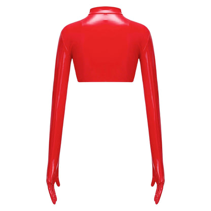 Glossy PU leather crop top with stand collar, front zipper, and hollow-out design, perfect for nightlife and clubwear.