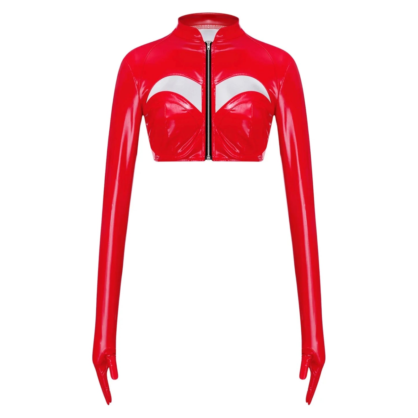 Glossy crimson red PU leather crop top with stand collar, front zipper, and hollow-out design. Slim fit, super-short length.