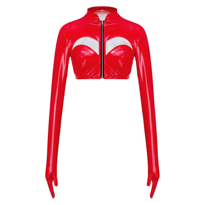 Glossy crimson red PU leather crop top with stand collar, front zipper, and hollow-out design. Slim fit, super-short length.