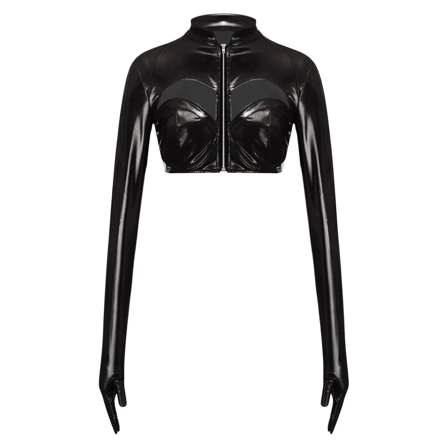 Glossy black PU leather crop top with stand collar, front zipper, and hollow-out design. Slim fit and super-short length.