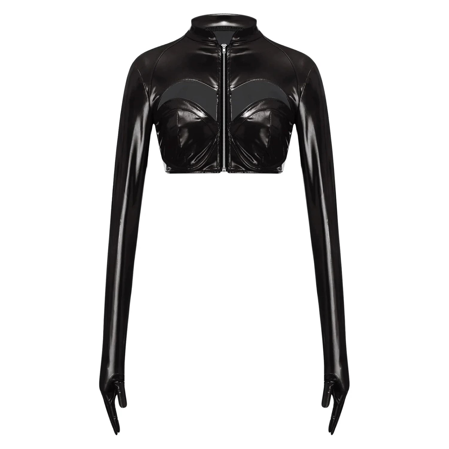 Glossy black PU leather crop top with stand collar, front zipper, and hollow-out design. Slim fit and super-short length.