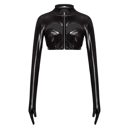 Glossy black PU leather crop top with stand collar, front zipper, and hollow-out design. Slim fit and super-short length.