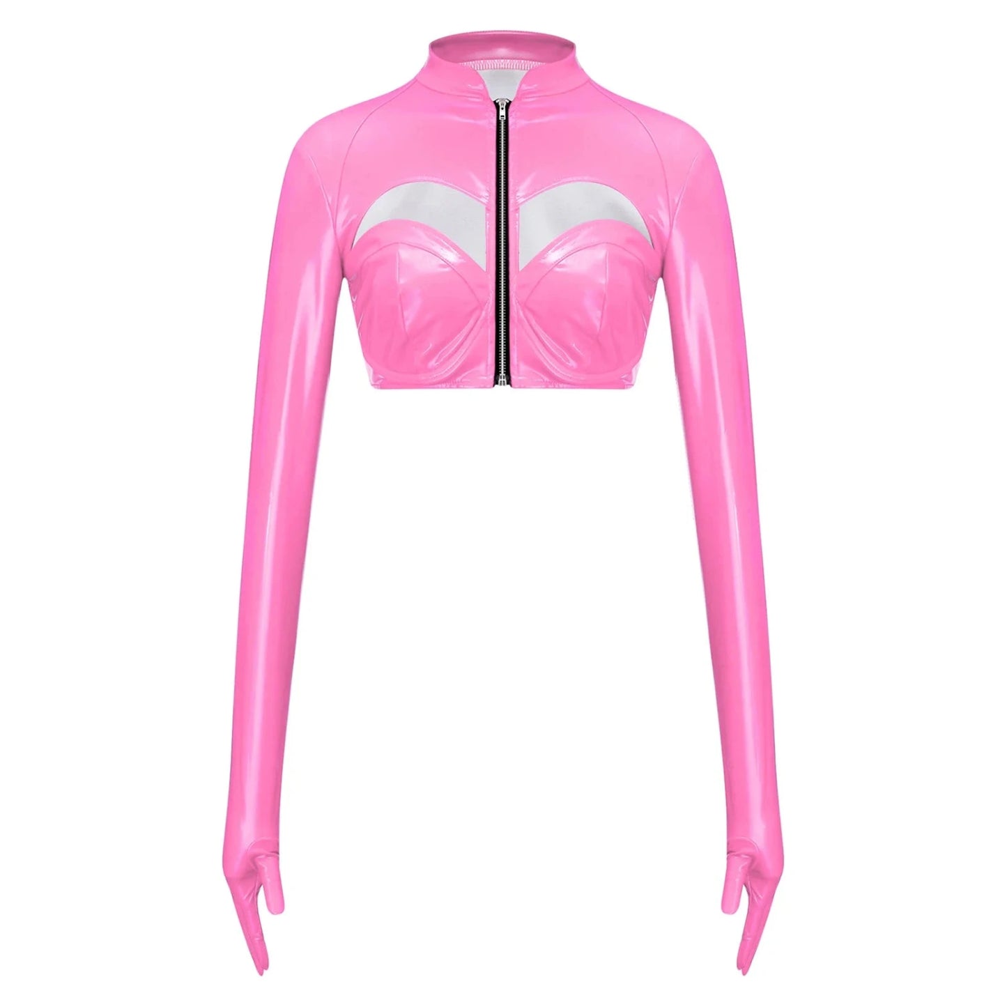 Glossy bright pink PU leather crop top with stand collar, front zipper, and hollow-out design. Slim fit, super-short length.