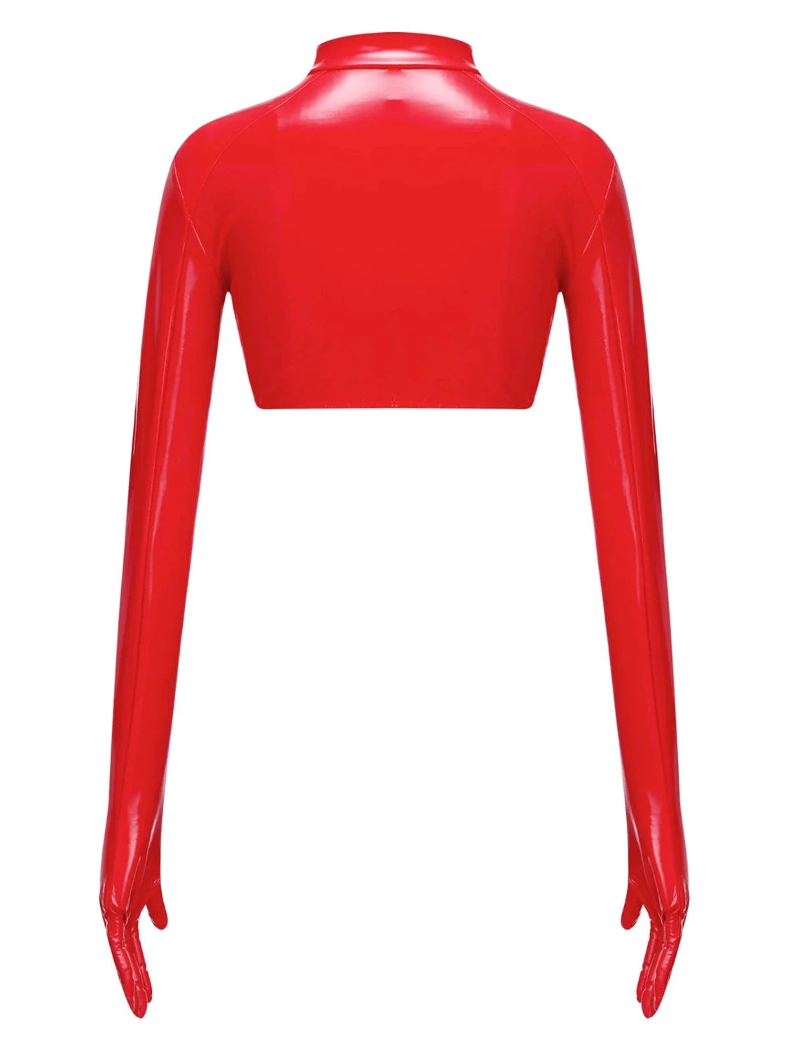Glossy PU leather crop top with front zipper and stand collar, featuring a hollow-out design and stretchy fit.