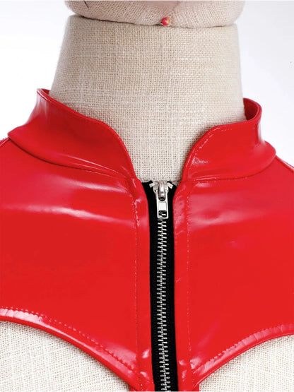 Glossy PU leather crop top with front zipper and stand collar, featuring a hollow-out design and stretchy fit.