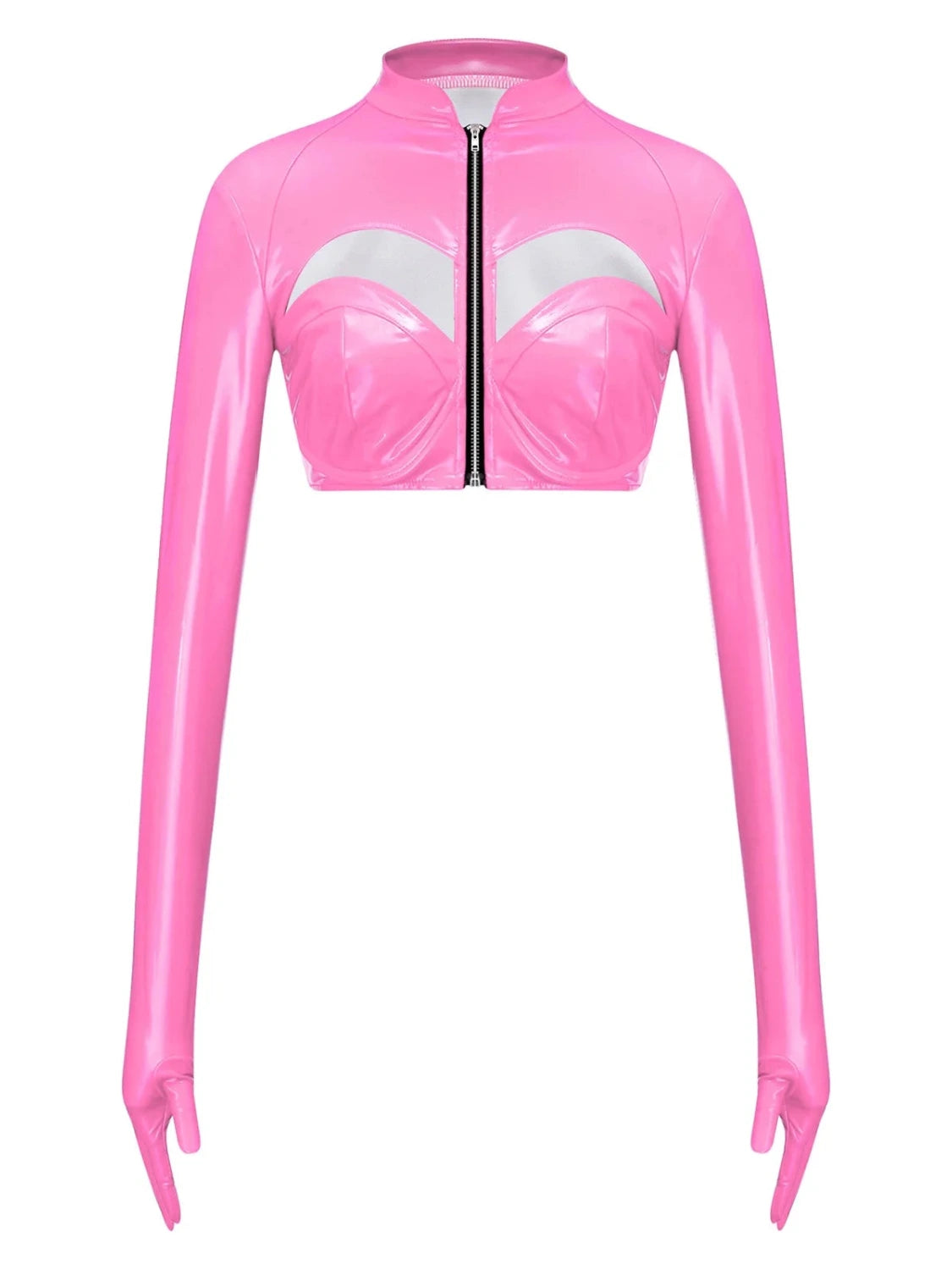 Glossy bright pink PU leather crop top with front zipper and stand collar, featuring a hollow-out design.