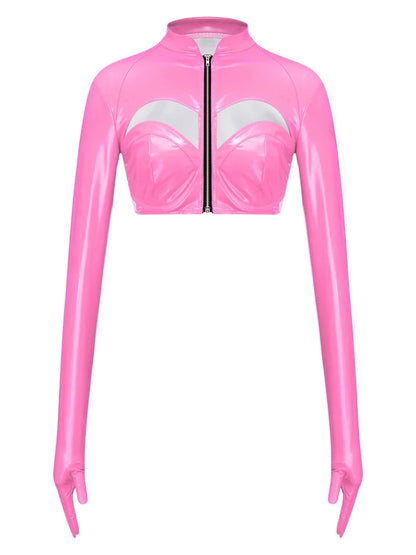 Glossy bright pink PU leather crop top with front zipper and stand collar, featuring a hollow-out design.