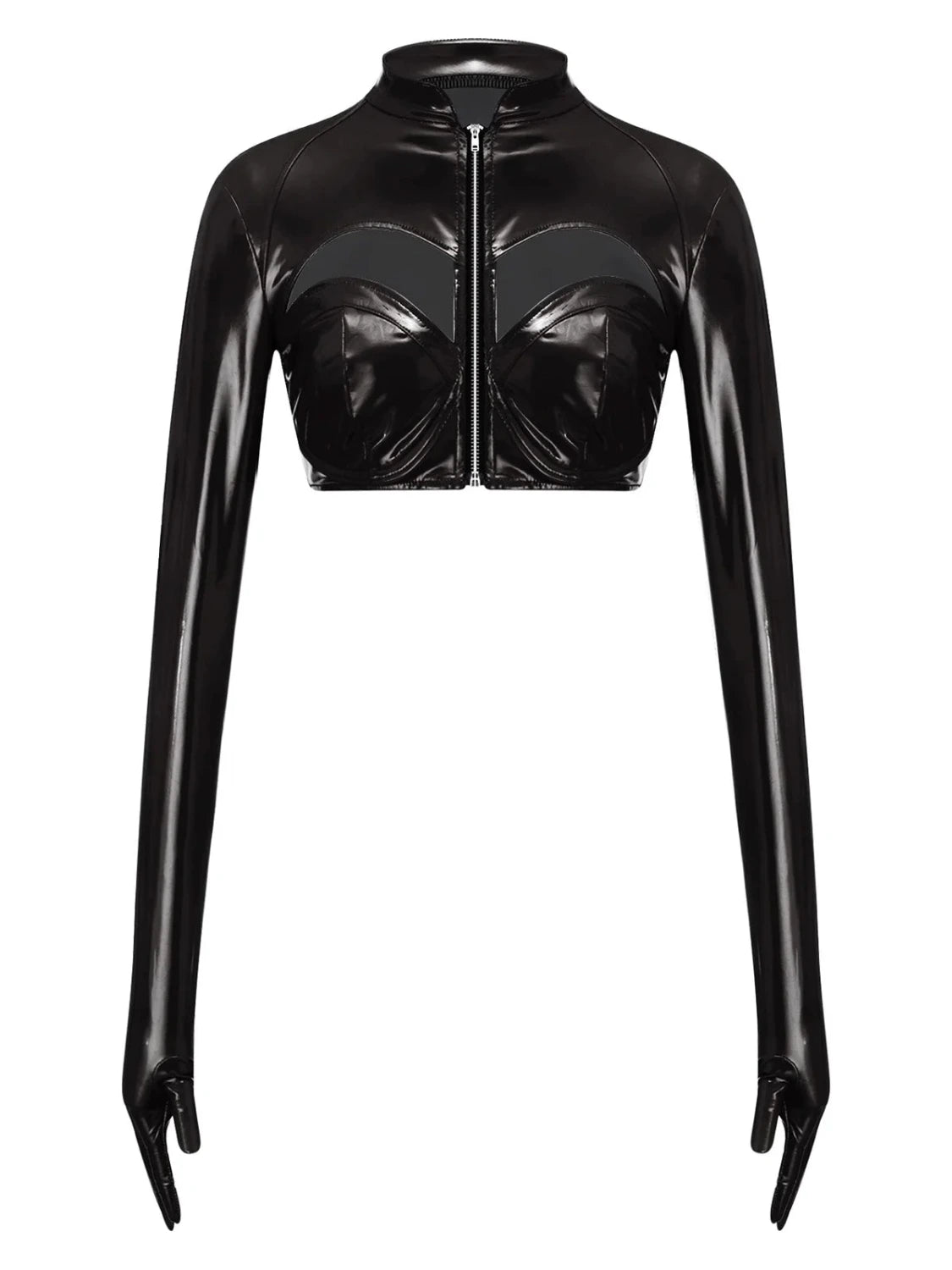 Glossy black PU leather crop top with front zipper and stand collar, featuring a hollow-out design and stretchy fit.