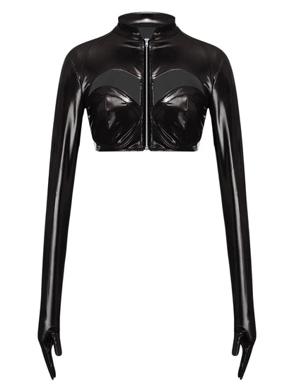 Glossy black PU leather crop top with front zipper and stand collar, featuring a hollow-out design and stretchy fit.