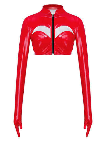 Glossy bright red PU leather crop top with front zipper and stand collar, featuring a hollow-out design.
