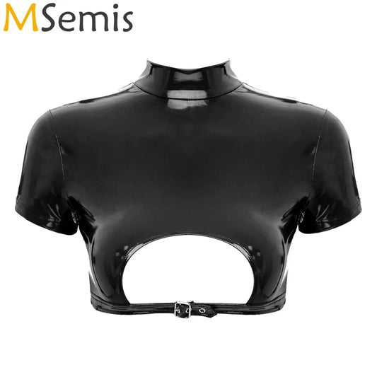 Mock neck patent leather crop top with back zipper closure and cutout design, ideal for nightlife and special occasions.