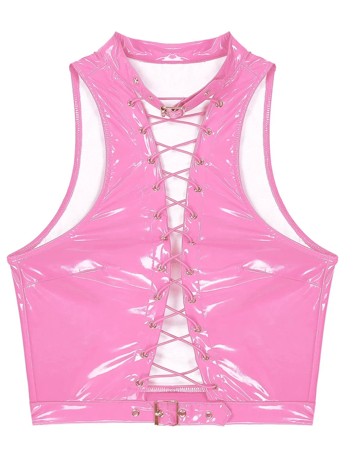 Bright pink gothic steampunk sleeveless crop top with adjustable buckles, eyelet details, and lace-up design.