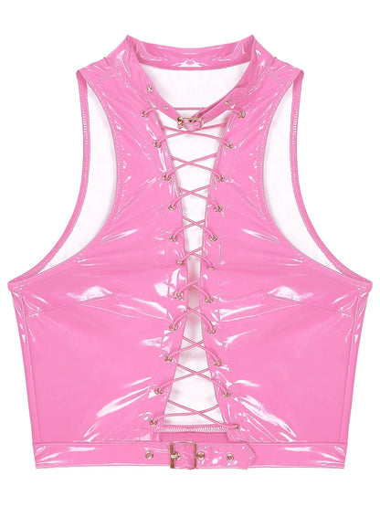 Bright pink gothic steampunk sleeveless crop top with adjustable buckles, eyelet details, and lace-up design.
