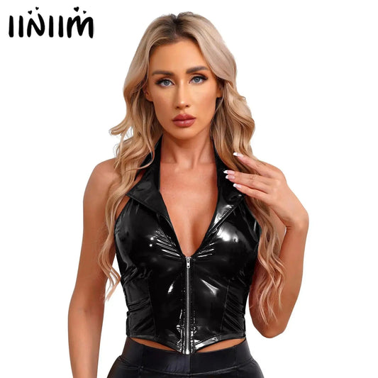 Glossy patent leather corset crop top with deep V-neck and front zipper, featuring a sleeveless and slim fit design.