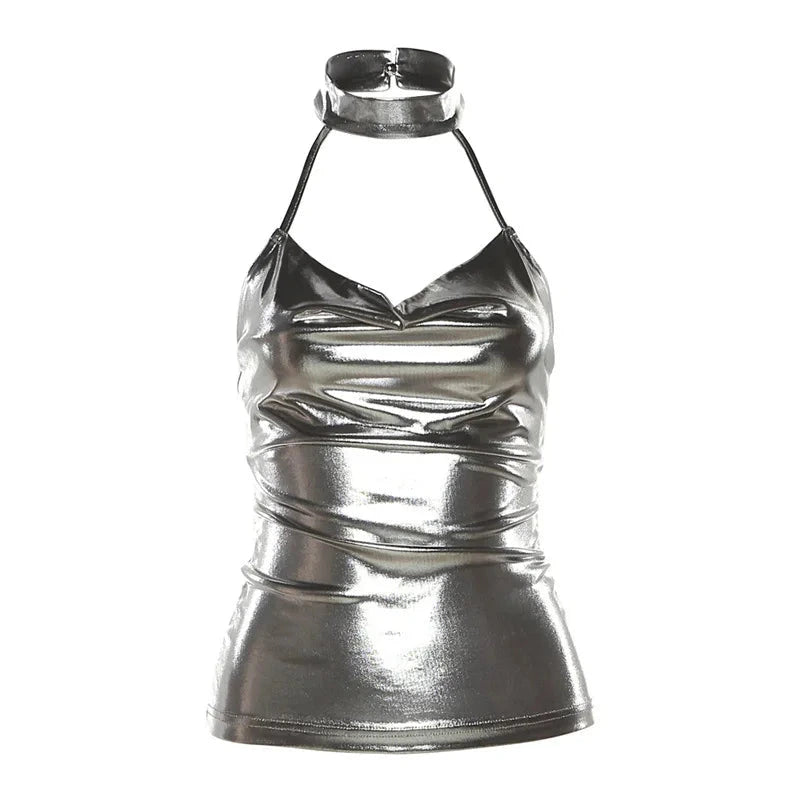 Shiny silver patent leather halter crop top with backless design and slim fit, perfect for evening wear and club outings.