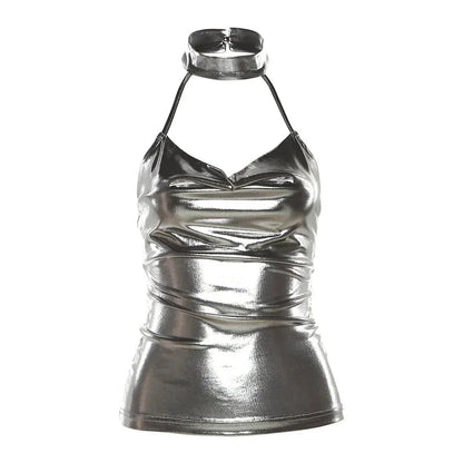 Shiny silver patent leather halter crop top with backless design and slim fit, perfect for evening wear and club outings.