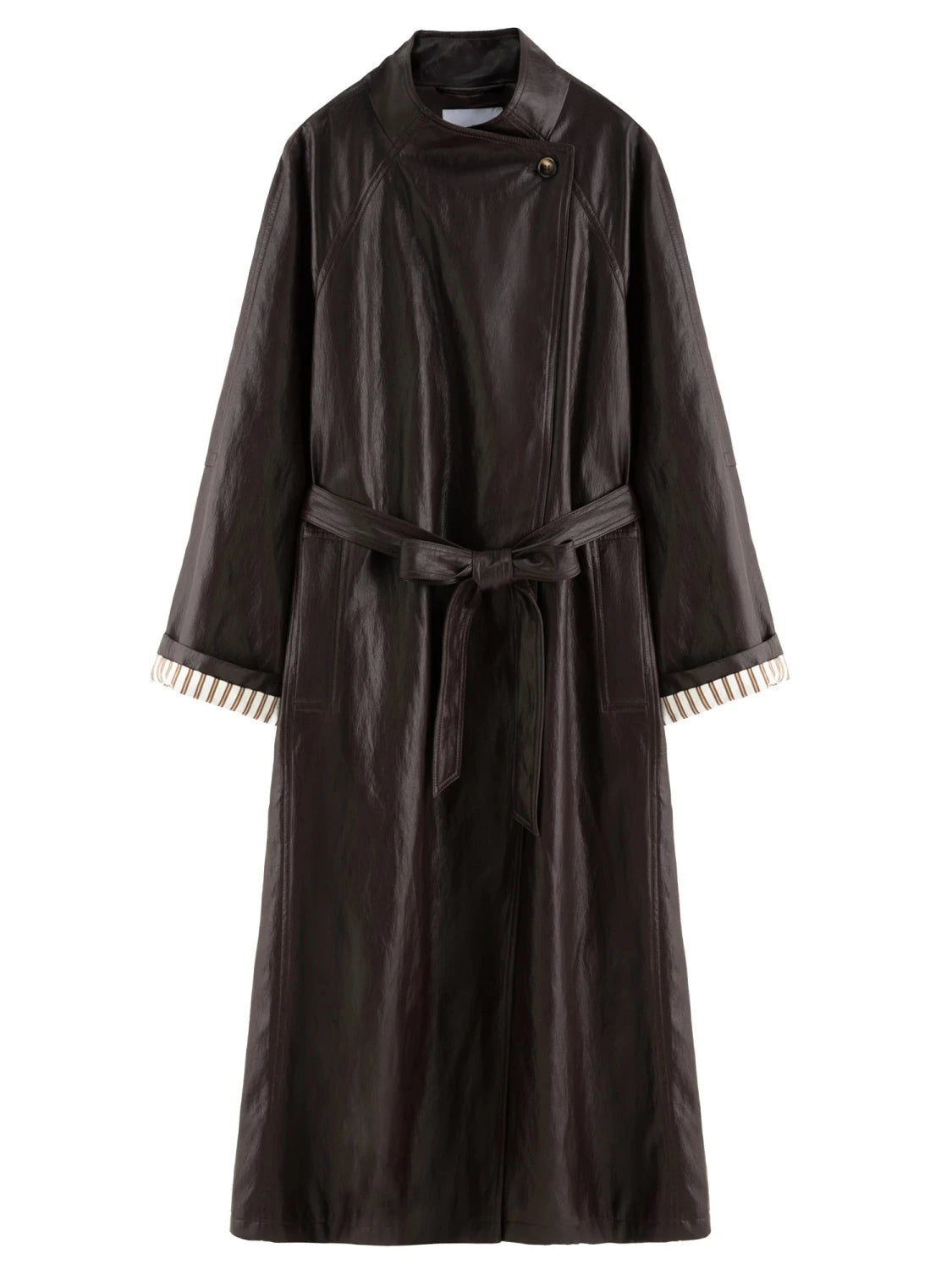 Dark brown elegant stand-up collar long overcoat in faux leather with belted closure and full sleeves.