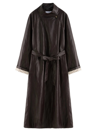 Dark brown elegant stand-up collar long overcoat in faux leather with belted closure and full sleeves.