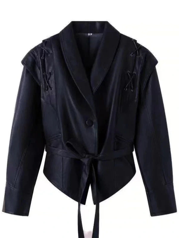 Vintage brown leather jacket with padded shoulders, belt closure, pockets, and turn-down collar. Regular length, tailored fit