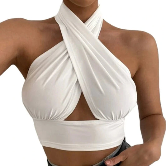 Refined sleeveless halter top with a backless design, crafted from lightweight polyester for casual outings.