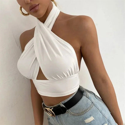 Refined sleeveless halter top in pure white with a backless design and lightweight polyester fabric.