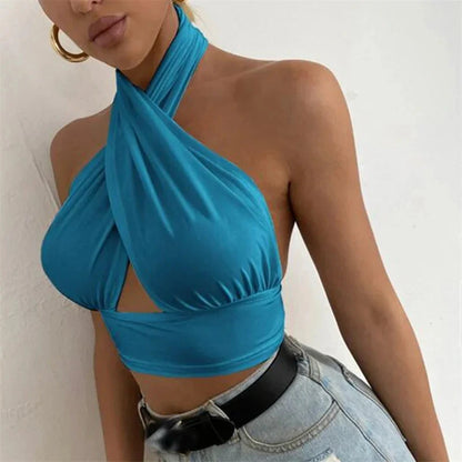 Bright blue refined sleeveless halter top with a backless design, made from lightweight polyester.