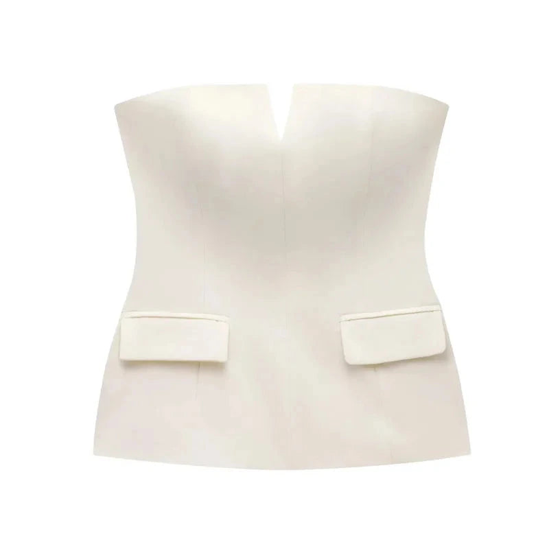 Strapless off-white crop top with backless design and corset silhouette made from lightweight polyester.