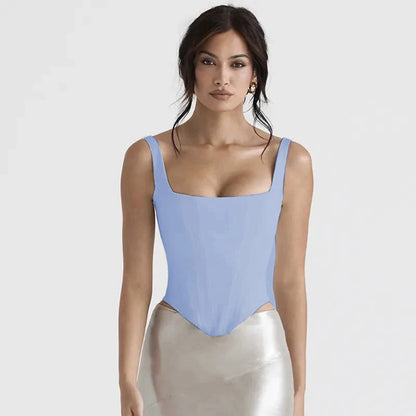Sky blue backless halter neck stretch bandage top made from a polyester and spandex blend. Super-short length.
