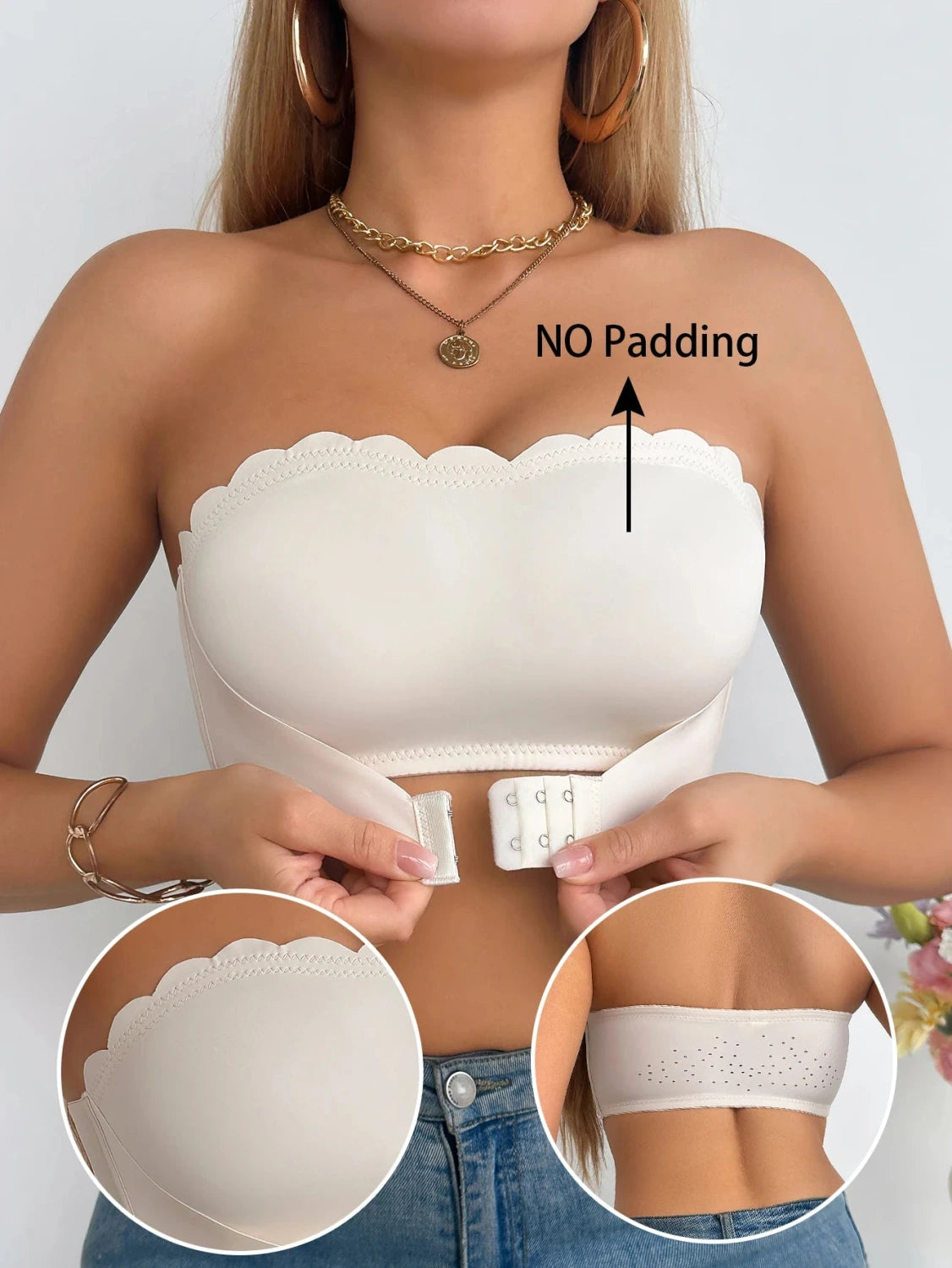 Strapless push-up bandeau bra with seamless design and front closure, crafted from soft polyamide for comfort.