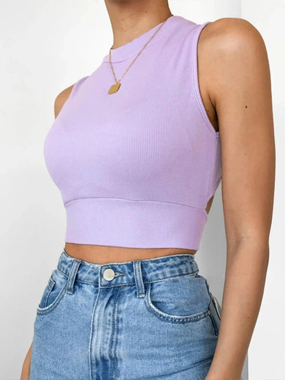 Light purple backless criss-cross tank top in soft cotton blend with slim fit and short length.