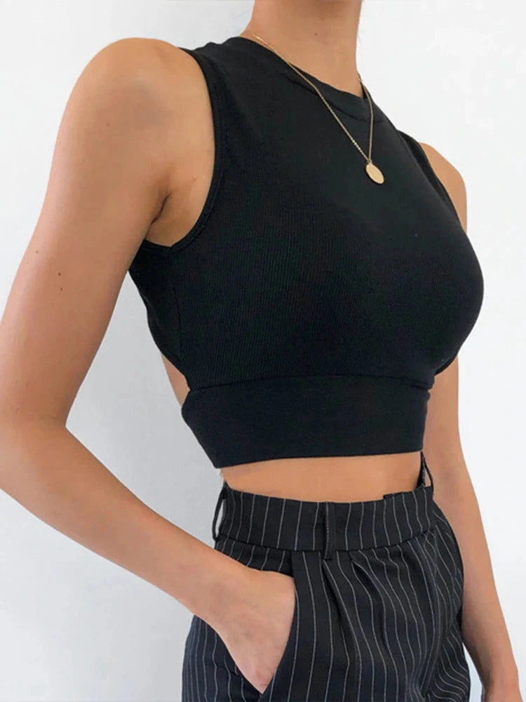 Chic backless criss-cross tank top in classic black, made from a soft cotton blend with a slim fit and short length.