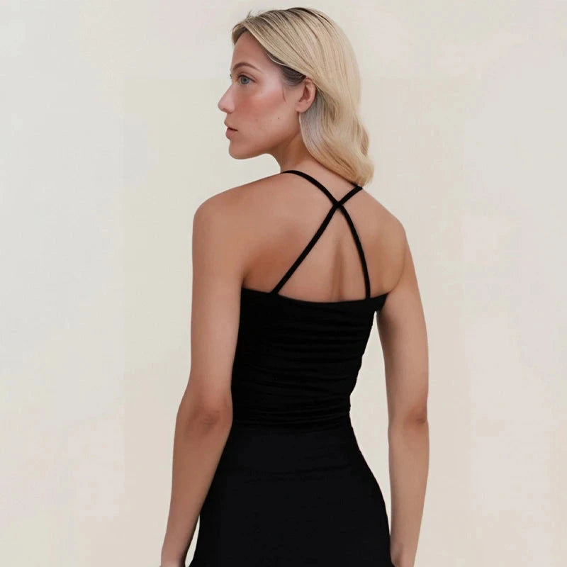 Chic halter neck vintage inspired black camisole top with a striped pattern, made from lightweight polyester fabric.