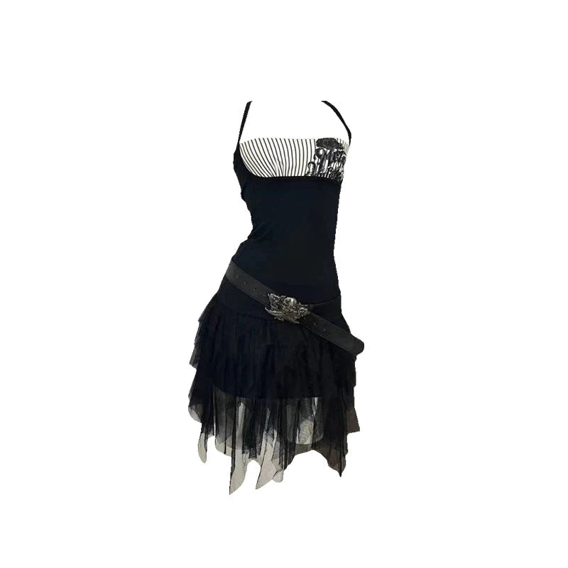 Chic halter neck vintage inspired black camisole top with a striped pattern, made from lightweight polyester fabric.