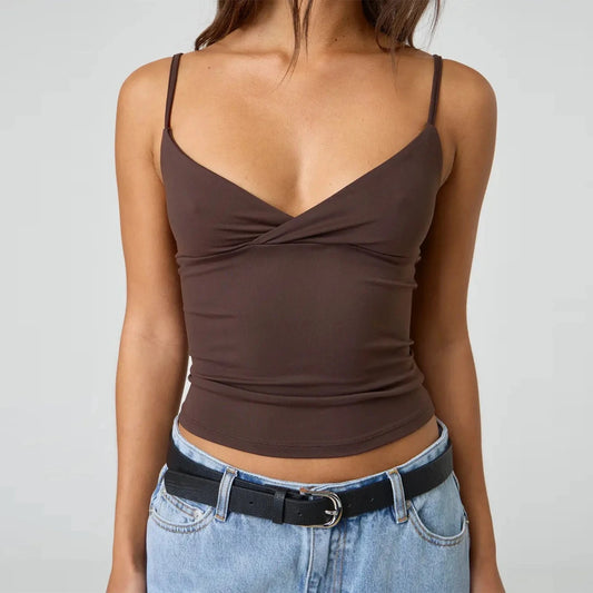 Cropped cami top with open back and V-neck design in a slim fit, made from a polyester blend.