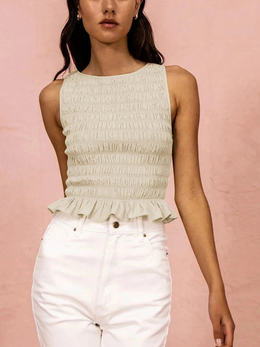 Frill smocked sleeveless ruffle tank top in multi-color with round neckline and ruffle hem, made from breathable polyester bl