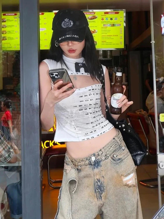 Hollow out letter print tank top in cropped length with a regular fit, made from a polyester and spandex blend.