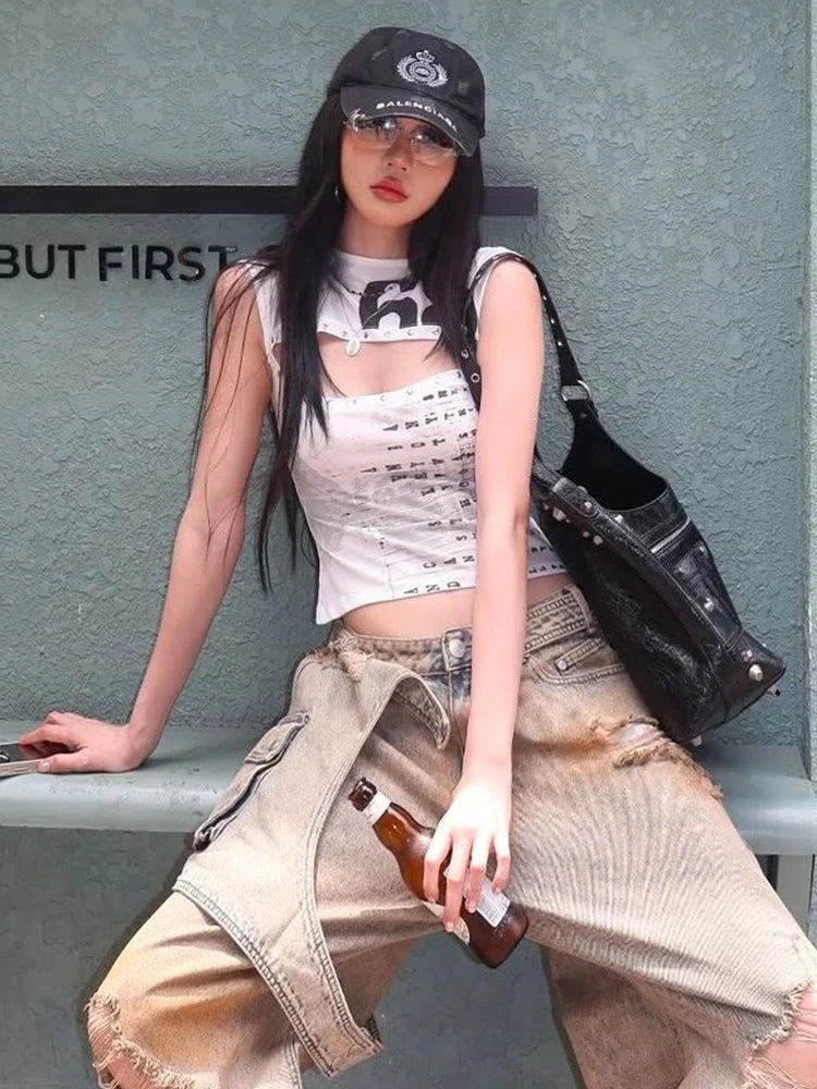 Hollow out letter print tank top in cropped length with a regular fit, made from a polyester and spandex blend.