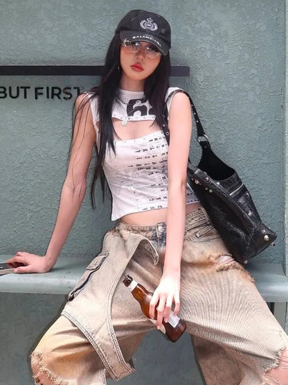 Hollow out letter print tank top in cropped length with a regular fit, made from a polyester and spandex blend.